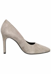Escarpin gris en daim à talon haut, avec un bout pointu, une découpe sur les côtés, et un talon aiguille noir et fin. Texture lisse.