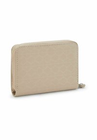 Beige ritportemonnee met een textuurstofafwerking, voorzien van een diamantpatroon, contrasterende stiknaden en een veilige ritssluiting.