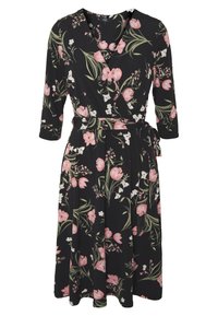 Schwarzes Wickelkleid mit floralem Muster aus rosa Tulpen und weißen Blumen. Lange Ärmel, taillierter Schnitt und fließender Rock. Weicher Stoff.