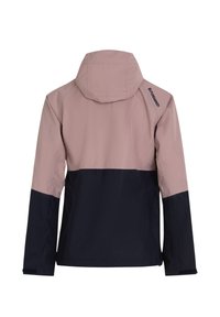 Tweekleurig waterdicht jack met capuchon, bestaande uit licht mauve bovenkant en mouwen en zwarte onderkant en onderarmen, logo op de rechter schouder.