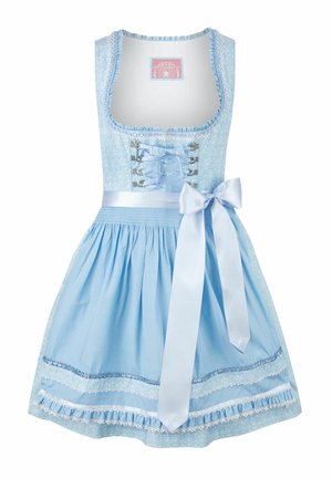 Light blue dress with a fitted bodice and flared skirt. Features lace-up front, satin ribbon, and layered lace trim along hem. Dotted fabric texture.