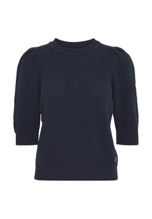 Pull en tricot bleu marine à manches courtes et surface texturée. Il présente un col rond et des poignets côtelés, avec un petit logo en accent.
