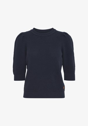 Marineblauer Strickpullover mit kurzen Ärmeln und strukturiertem Material. Er hat einen runden Ausschnitt und gerippte Bündchen, mit einem kleinen Logo-Akzent.