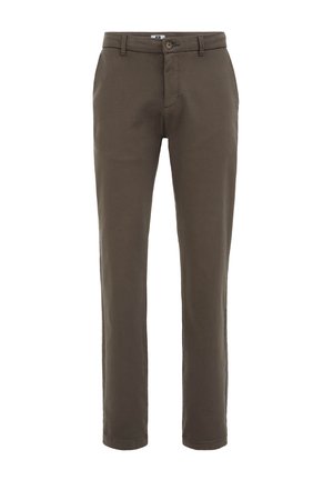 Chinos marrones de corte slim, hechos de algodón, con frente plano, dos bolsillos laterales y cierre de botón. Textura suave con detalles de diseño mínimos.