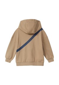 Beige Kapuzenpullover mit einem diagonalen navy-blauen Streifen über den Rücken, gerippten Bündchen und einer lässigen Passform. Weiches Material und lockeres Design.