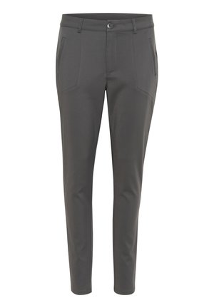 Byxor i mörkgrått tyg, med två framfickor, slim fit-design och knäppning. Slät textur och minimala sömdetaljer.