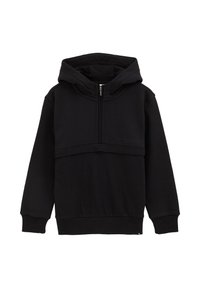 Felpa nera con zip a metà, pannello inferiore testurizzato e polsini a coste. Realizzata in un materiale morbido con un cappuccio spazioso.