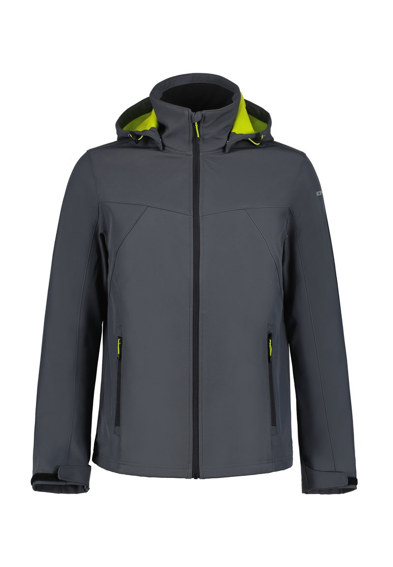 Szara kurtka typu softshell z wysokim kołnierzem i kapturem, z czarnymi kieszeniami na zamek oraz żółtymi akcentami na wnętrzu i zamkach.