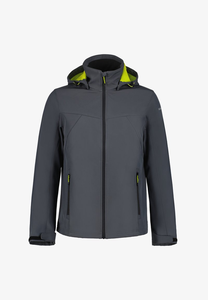 Chaqueta softshell gris con cuello alto y capucha, cuenta con bolsillos con cremallera negros y detalles en amarillo en el interior y las cremalleras.