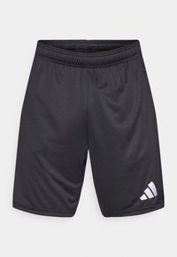 Crne sportske kratke hlače od glatkog, materijala koji odvodi vlagu. Imaju elastični pojas i bijeli logo s tri pruge na donjem lijevom dijelu.