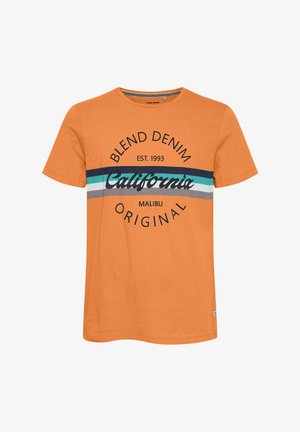 Oranžist puuvillane T-särk lühikeste varrukatega, millel on ümar kaelus ning graafiline disain koos tekstiga ning triibulised värviaktsendid sinises, valges ja hallis.