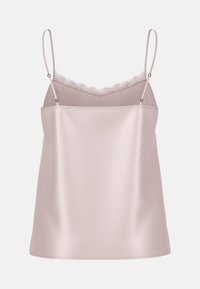 Light pink satin camisole with adjustable straps and lace detailing along the neckline. Smooth texture, straight cut, and no embellishments.