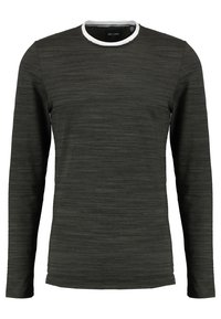 Dunkelgrünes Langarm-T-Shirt mit Strukturmuster, körperbetontem Schnitt und weißem Rundhalsausschnitt. Weicher Stoff, keine sichtbaren Logos oder Grafiken.
