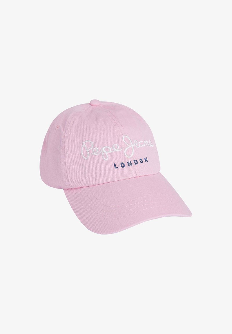 Rosa bomull-baseballkeps med broderad "Pepe Jeans" i vitt och "LONDON" i marinblått. Har en böjd skärm och justerbart band bak.