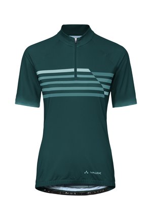 Donkergroene fietstrui met korte mouwen, lichtblauwe horizontale strepen en een voorrits, met een klein Vaude-logo bij de zoom.