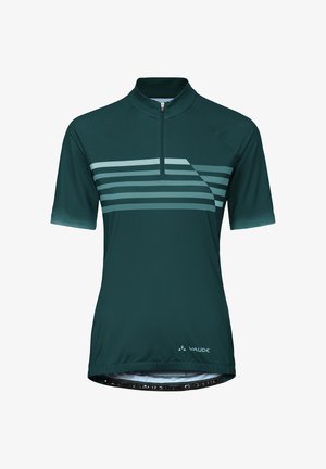 Donkergroene fietstrui met korte mouwen, lichtblauwe horizontale strepen en een voorrits, met een klein Vaude-logo bij de zoom.