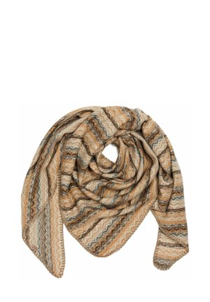 Multicolored patterned scarf featuring zigzag stripes in earthy tones of beige, brown, and teal; made from soft, textured fabric.