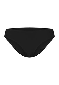 Black bikini briefs, made of smooth fabric, featuring a mid-rise design and basic elastic waistband. No patterns or accents present.