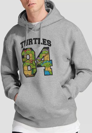 Gray hoodie featuring a large graphic of four cartoon turtles and the text "TURTLES 84" in black, with a front pocket and drawstring hood.