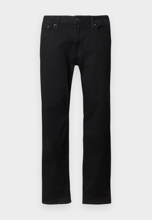 Vaqueros de mezclilla negros con corte recto, que cuentan con bolsillos delanteros y cierre de botón. Textura suave con un diseño clásico.