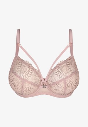 Lichtroze kanten bh met bloemenborduursel, gladde stof, verstelbare bandjes en een haaksluiting in het midden voor.