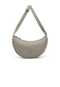 Bezs színű, félhold alakú, keresztpántos táska állítható pánttal és cipzáras záródással, az elején egy kis téglalap alakú logó felirattal.