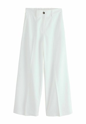 Weiße Hose mit weitem Bein, hohem Bund, Knopfverschluss und elastischem Bund hinten, vor weißem Hintergrund dargestellt.