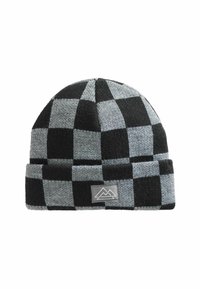 Schwarze und graue gestrickte Mütze mit einem karierten Muster, ausgestattet mit einem umgeschlagenen Bündchen und einem grauen Patch mit einem Berglogo auf der Vorderseite.