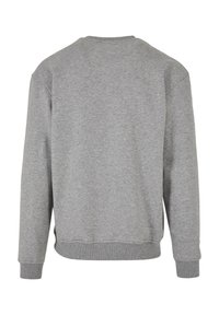 Sudadera gris de manga larga, con un escote redondo y puños de canalé. Presenta una textura suave y un ajuste relajado, ligeramente holgado.