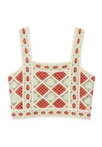 Haut court en crochet couleur crème et rouille avec encolure carrée et motifs géométriques de diamants et cercles.