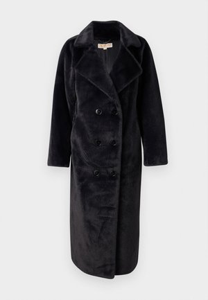 Διπλής όψης μαύρο ψεύτικο γούνινο παλτό με γιακά notch, μακριά μανίκια και έξι κουμπιά. Μαλακή υφή και μεσαίου μήκους σχέδιο.