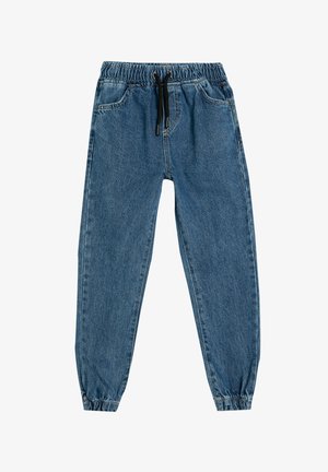 Niebieskie dżinsowe joggery z elastycznym pasem, sznurkiem do regulacji i zwężanymi nogawkami. Posiadają dwie przednie kieszenie.