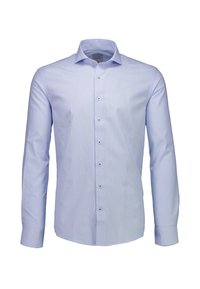 Lichtblauw overhemd met lange mouwen van geweven stof, met een knoopsluiting aan de voorkant, een spread collar en een subtiel ruitpatroon.