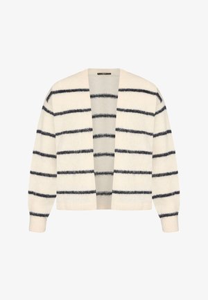 Kremfarvet cardigan med marineblå vandrette striber, blød tekstur, åben front og lange ærmer. Letstrik materiale for komfort.