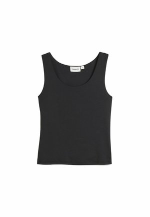 Czarny top na ramiączkach wykonany z gładkiej tkaniny. Posiada szeroki, okrągły dekolt i bezrękawnik. Metka wewnątrz z napisem "Kappahl", rozmiar mały.