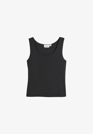 Zwart tanktop gemaakt van gladde stof. Heeft een brede ronde halslijn en mouwloos ontwerp. Label aan de binnenkant met de tekst "Kappahl", maat small.