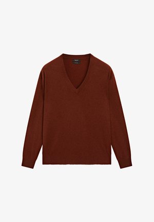 V-neck sweater in dark rust color, made of soft material. Features long sleeves and ribbed hem with a relaxed fit. Minimalist design.