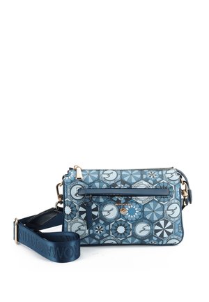 Borsa tracolla blu con motivi geometrici, tasca frontale con cerniera e tracolla larga regolabile blu navy con ferramenta color oro.