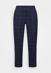 Marinblå rutiga byxor med mjukt tyg, slim fit och ankellängd, med ett subtilt rutmönster och standard midjebandsdetaljer.