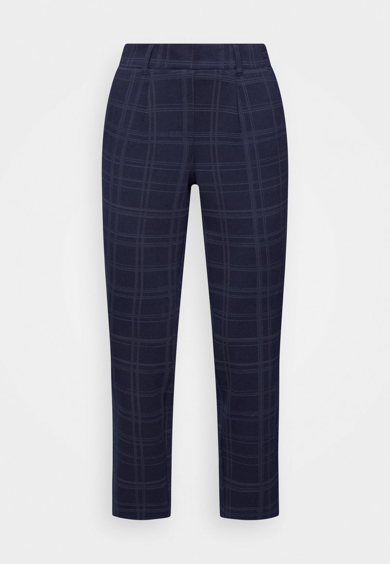 Pantalons à carreaux marine en tissu doux, coupe slim et longueur cheville avec un motif de grille subtil et des détails de ceinture standard.
