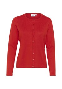 Červený kardigan s dlouhým rukávem vyrobený z pletené látky, s kulatým výstřihem a zapínáním na knoflíky s odpovídajícími knoflíky.