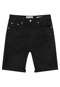 Short en jean noir avec ourlets roulés, bouton à l'avant, passants de ceinture et cinq poches, dont une poche à monnaie.