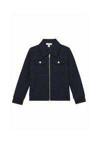 Námornícky zipsový kabát s veľkým golierom, dvoma náprsními vreckami so zacvakávacími uzávermi, ribovanými manžetami a hladkým povrchom.