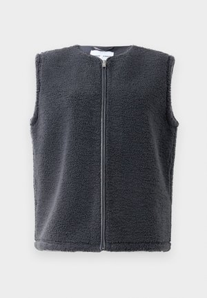 Gray fleece vest with a round neckline, front zip closure, and sleeveless design. Soft texture with a slightly fuzzy surface.