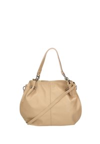 Bolso de mano de cuero beige con forma relajada, doble asa y correa para el hombro desmontable; cuenta con acentos de hardware metálico.