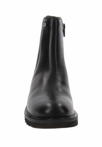 Stivaletto in pelle nera con finitura liscia, punta arrotondata, tacco basso e chiusura con zip laterale; presenta una suola in gomma resistente e testurizzata.
