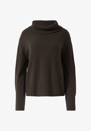 Dark brown turtleneck sweater made of soft knit material. Features ribbed accents on collar, hem, and cuffs. Relaxed fit with dropped shoulders.
