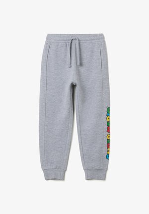 Grijze sweatpants van zachte stof, met een elastische tailleband, omgeslagen enkels en een kleurrijk "SUPER MARIO" logo langs de zijkant.
