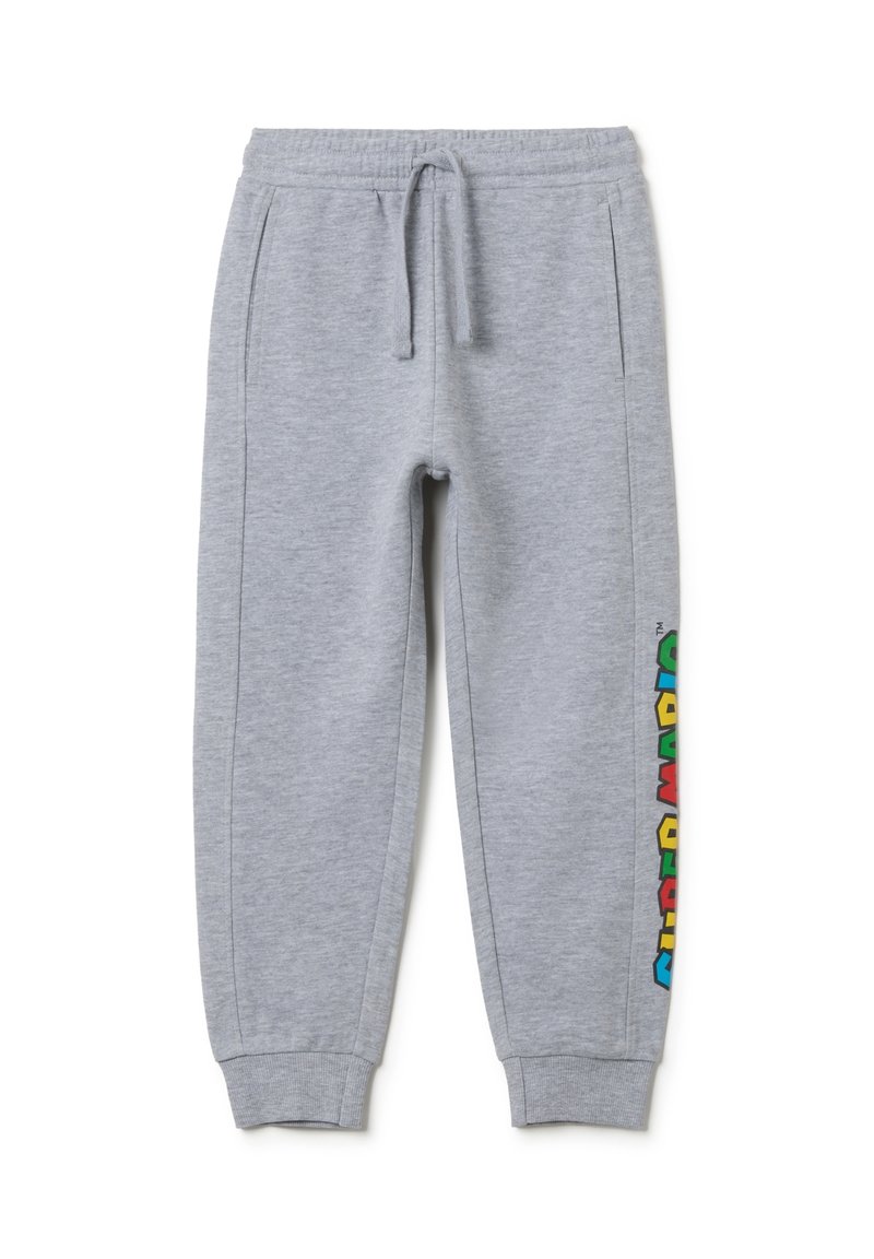 Grijze sweatpants van zachte stof, met een elastische tailleband, omgeslagen enkels en een kleurrijk "SUPER MARIO" logo langs de zijkant.