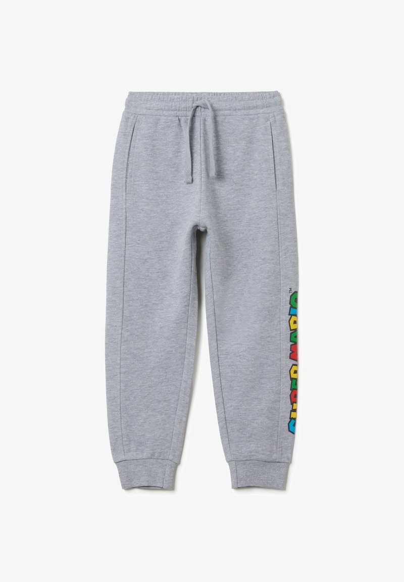 Grau Sweatpants aus weichem Stoff, mit elastischem Bund, Bündchen an den Knöcheln und einem bunten "SUPER MARIO"-Logo an der Seite.
